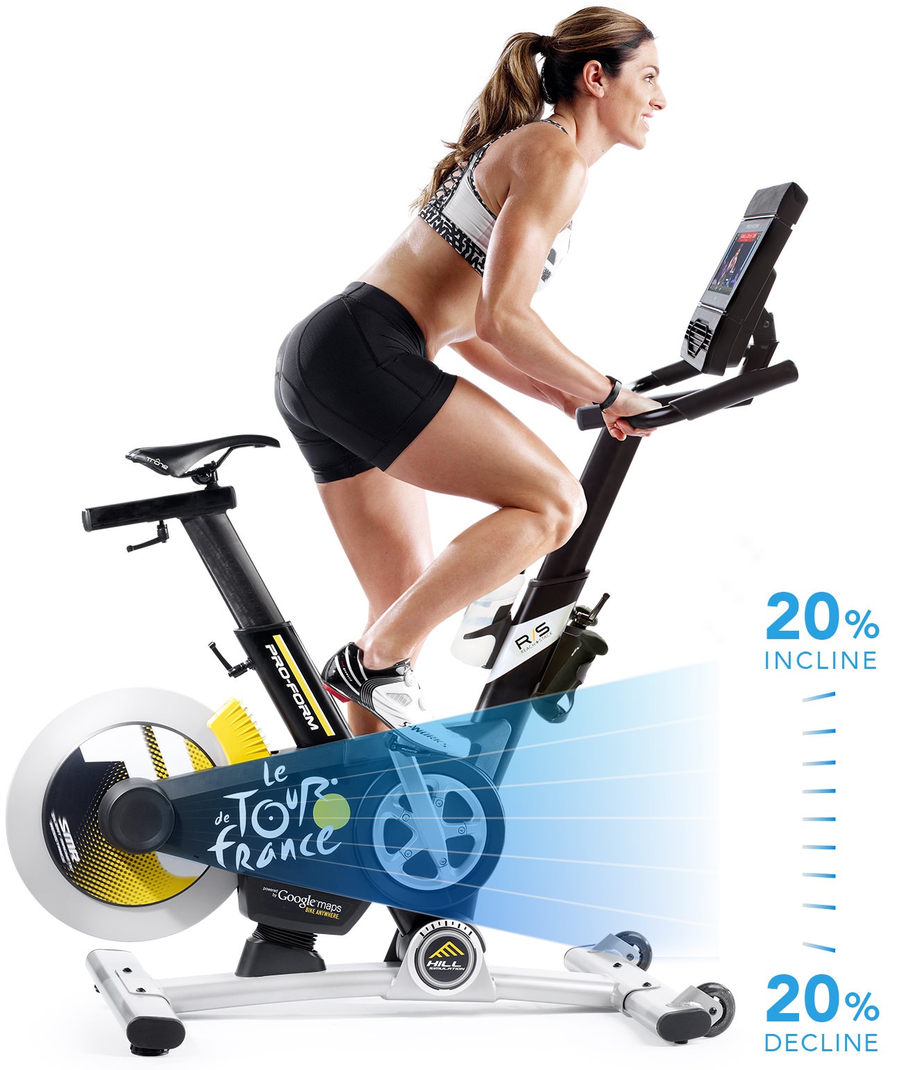 Bike with diagram showing that it can go from 20% incline to 20% decline