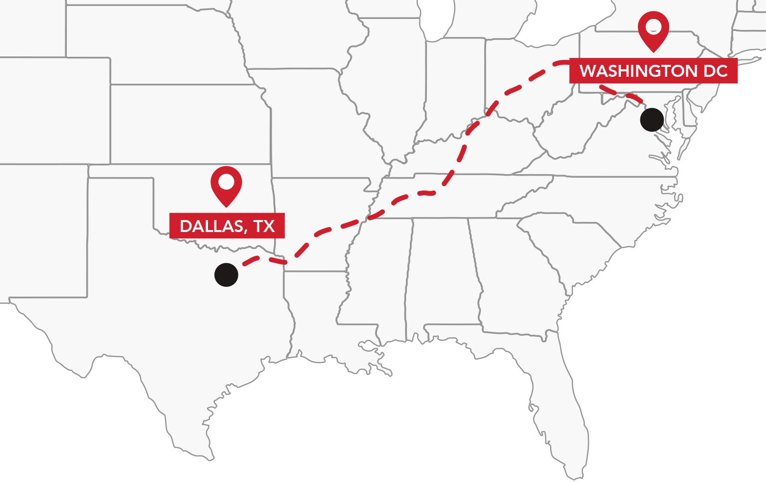 Map of Emmanuel's route from Dallas TX to Washington DC