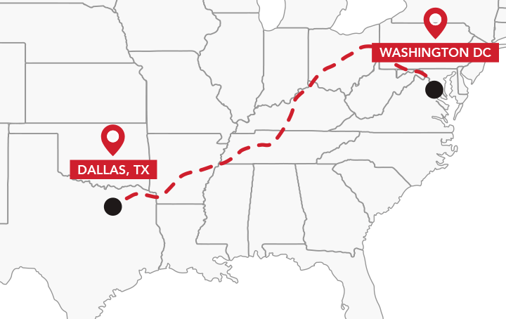 Map of Emmanuel's route from Dallas TX to Washington DC